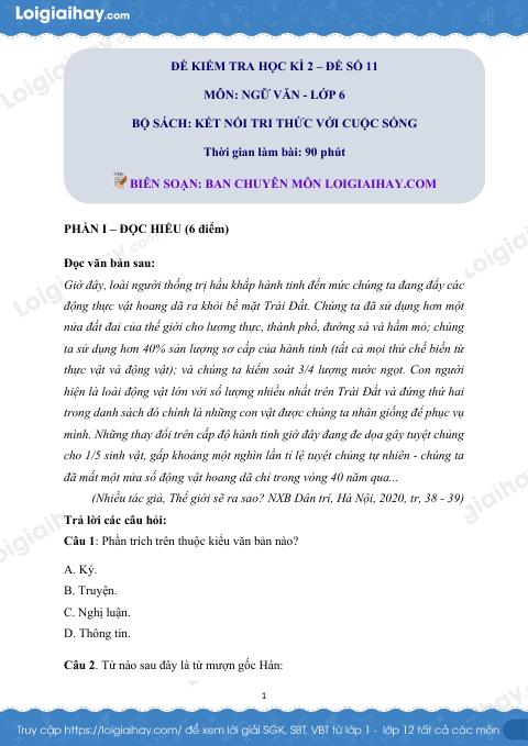 Đề thi học kì 2 Văn 6 Kết nối tri thức - Đề số 11